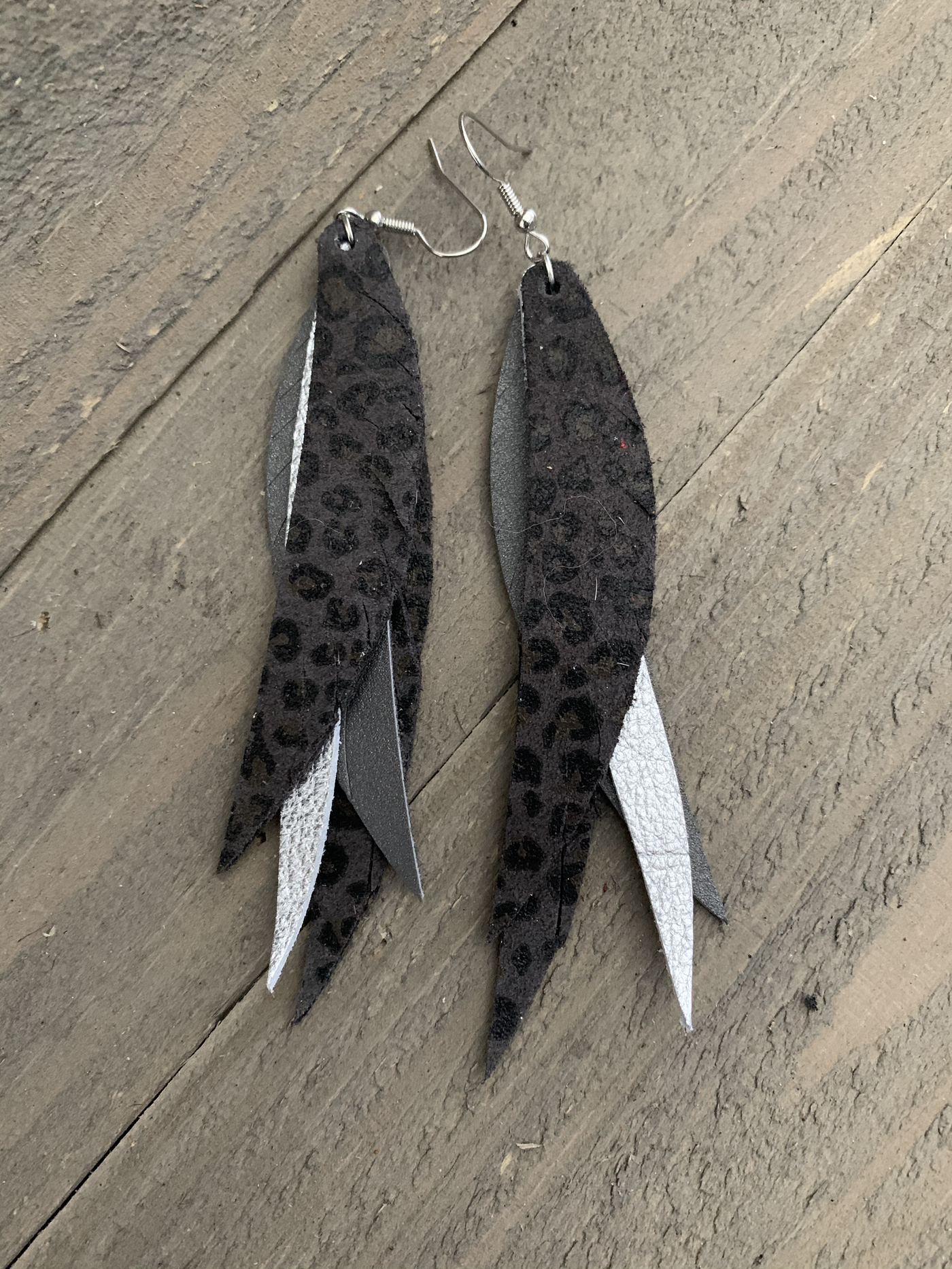 Silver and Grey Leopard Stacked Fringe Feather Earrings - Jill's Jewels | Unique, Handcrafted, Trendy, And Fun Jewelry