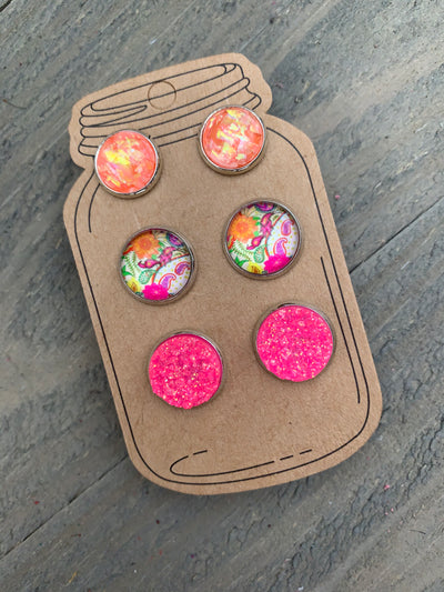 Pink and Coral Floral Faux Druzy Earring 3 Set - Jill's Jewels | Unique, Handcrafted, Trendy, And Fun Jewelry