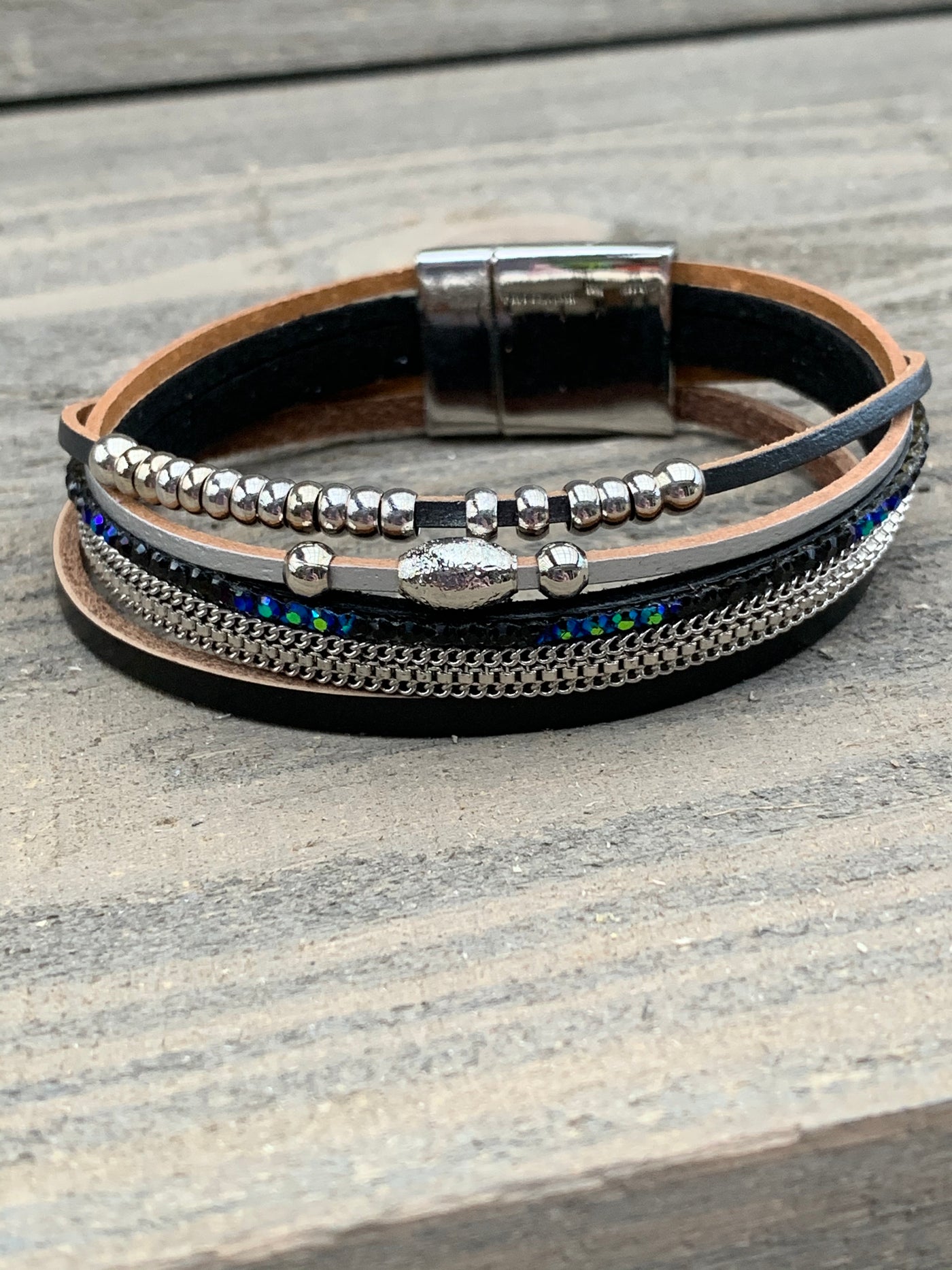Black and Silver Iridescent Rhinestone Magnetic Bracelet - Jill's Jewels | Unique, Handcrafted, Trendy, And Fun Jewelry