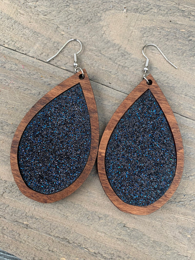 Navy Blue Glitter and Wood Teardrop Earrings - Jill's Jewels | Unique, Handcrafted, Trendy, And Fun Jewelry