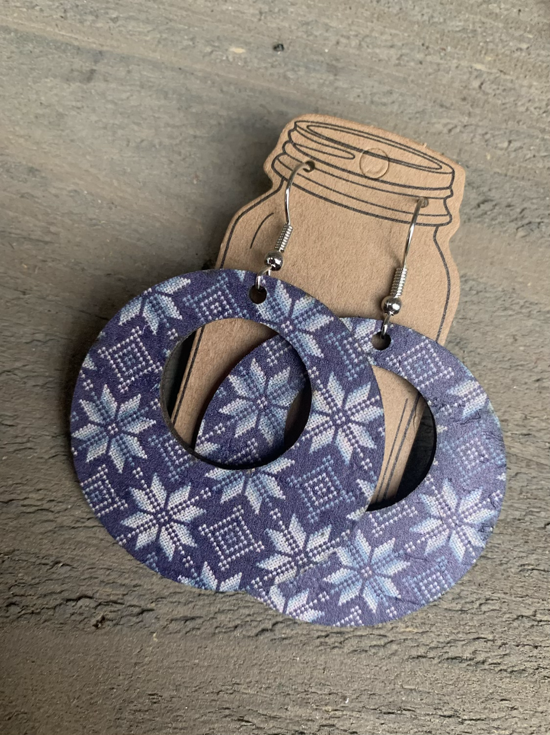 Blue Snowflake Sweater Print Cork Leather Earring - Jill's Jewels | Unique, Handcrafted, Trendy, And Fun Jewelry