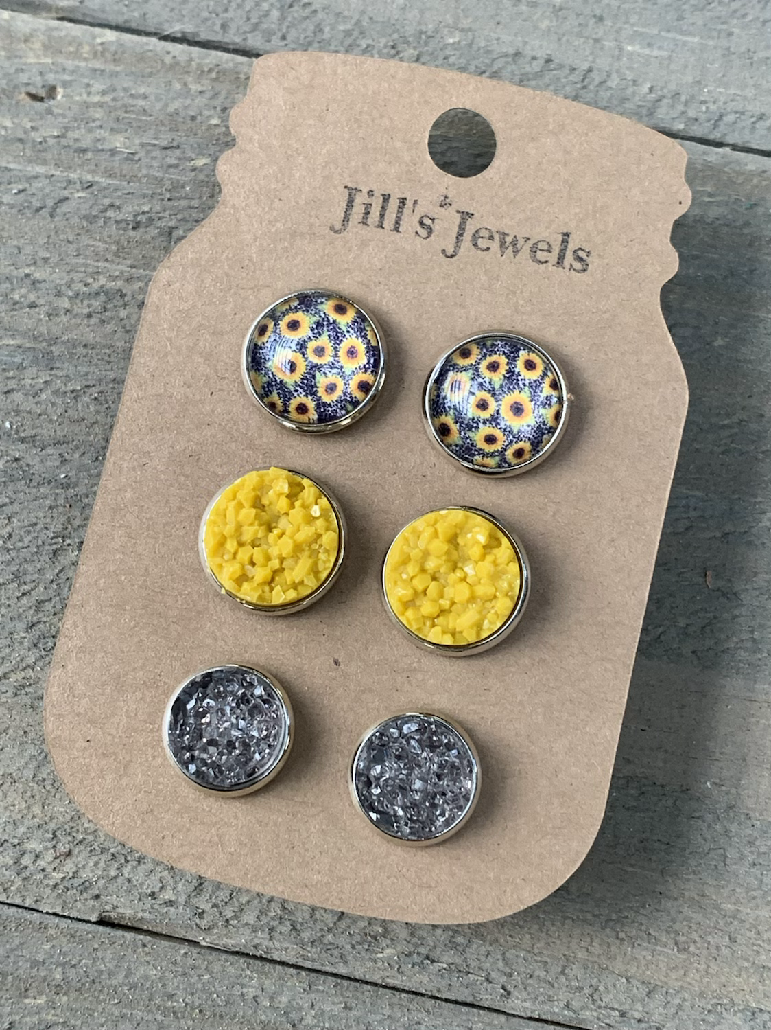 Grey and Yellow Sunflower Faux Druzy Earring 3 Set - Jill's Jewels | Unique, Handcrafted, Trendy, And Fun Jewelry