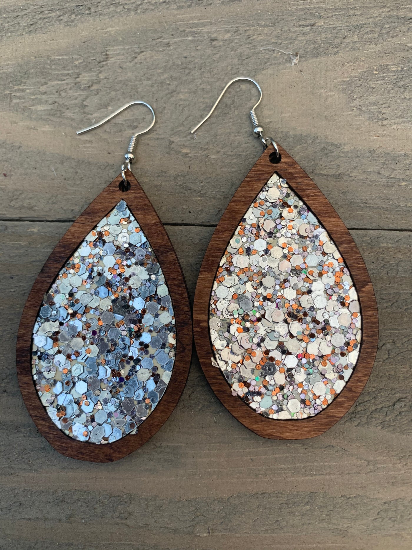 Silver and Copper Glitter Cork and Wood Teardrop Earrings - Jill's Jewels | Unique, Handcrafted, Trendy, And Fun Jewelry