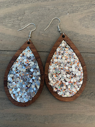 Silver and Copper Glitter Cork and Wood Teardrop Earrings - Jill's Jewels | Unique, Handcrafted, Trendy, And Fun Jewelry