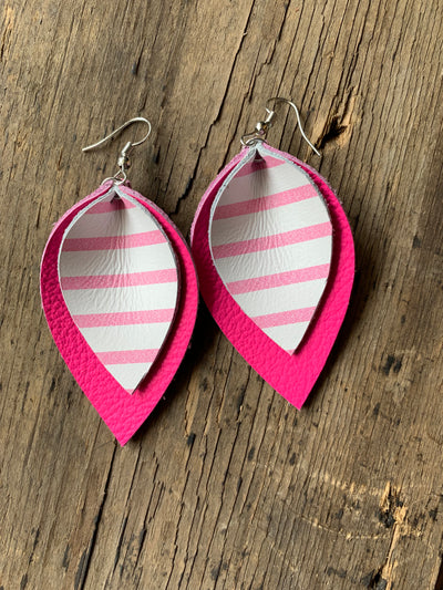 Hot Pink Leather earrings with white stripe - Jill's Jewels | Unique, Handcrafted, Trendy, And Fun Jewelry