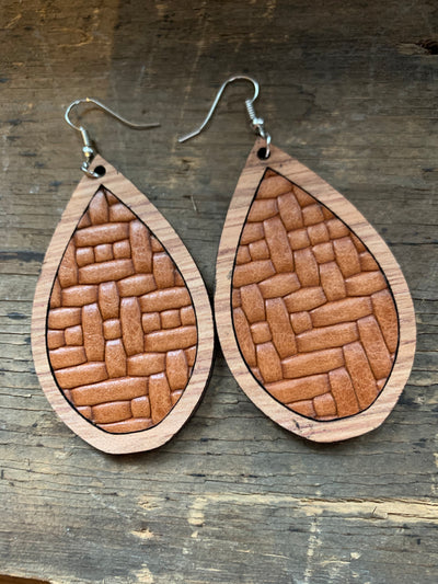 Saddle Brown Woven Leather Wood Teardrop Earrings - Jill's Jewels | Unique, Handcrafted, Trendy, And Fun Jewelry
