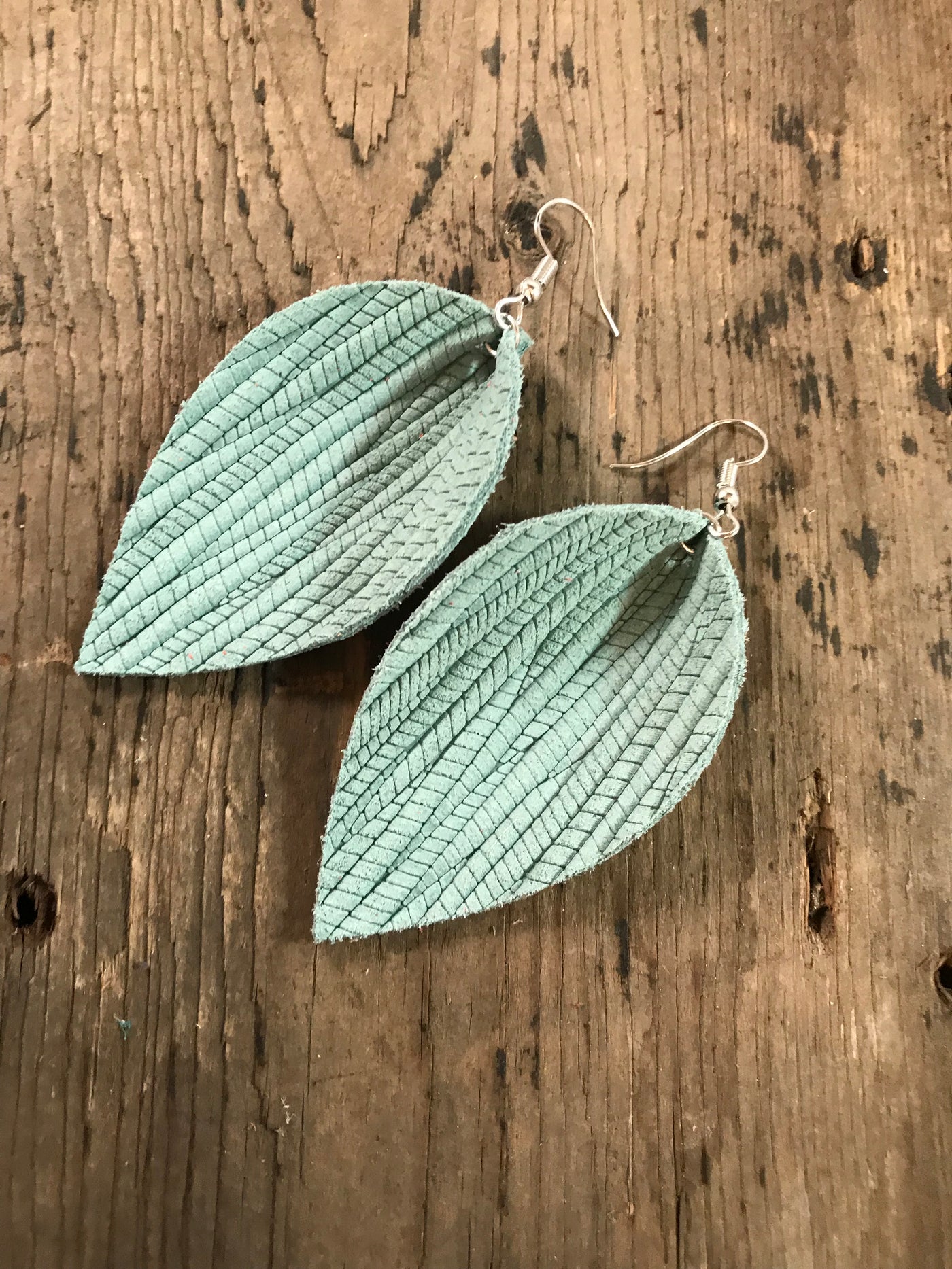 Mint palm leaf textured leather earring - Jill's Jewels | Unique, Handcrafted, Trendy, And Fun Jewelry