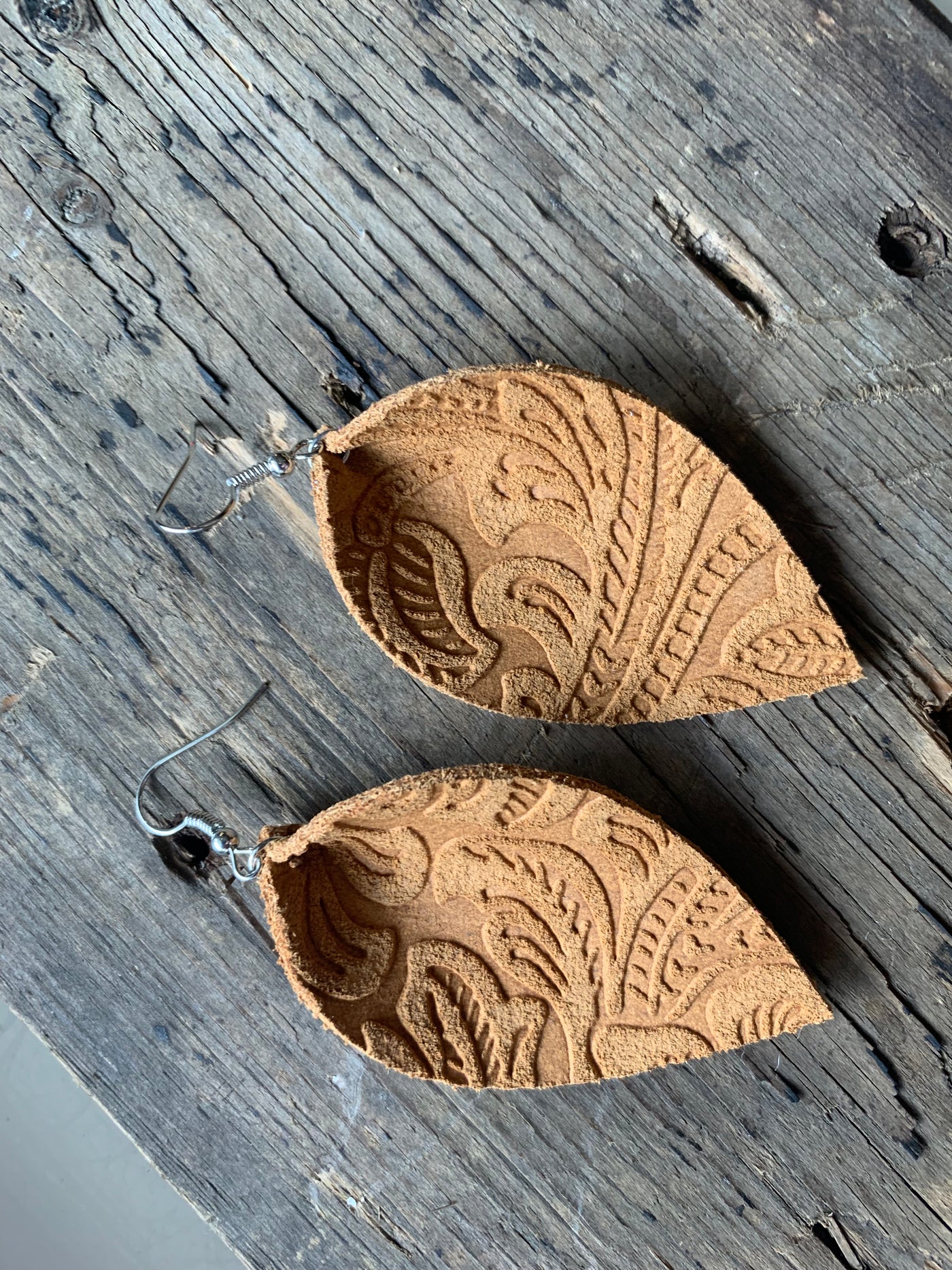 Light brown carved suede earrings - Jill's Jewels | Unique, Handcrafted, Trendy, And Fun Jewelry
