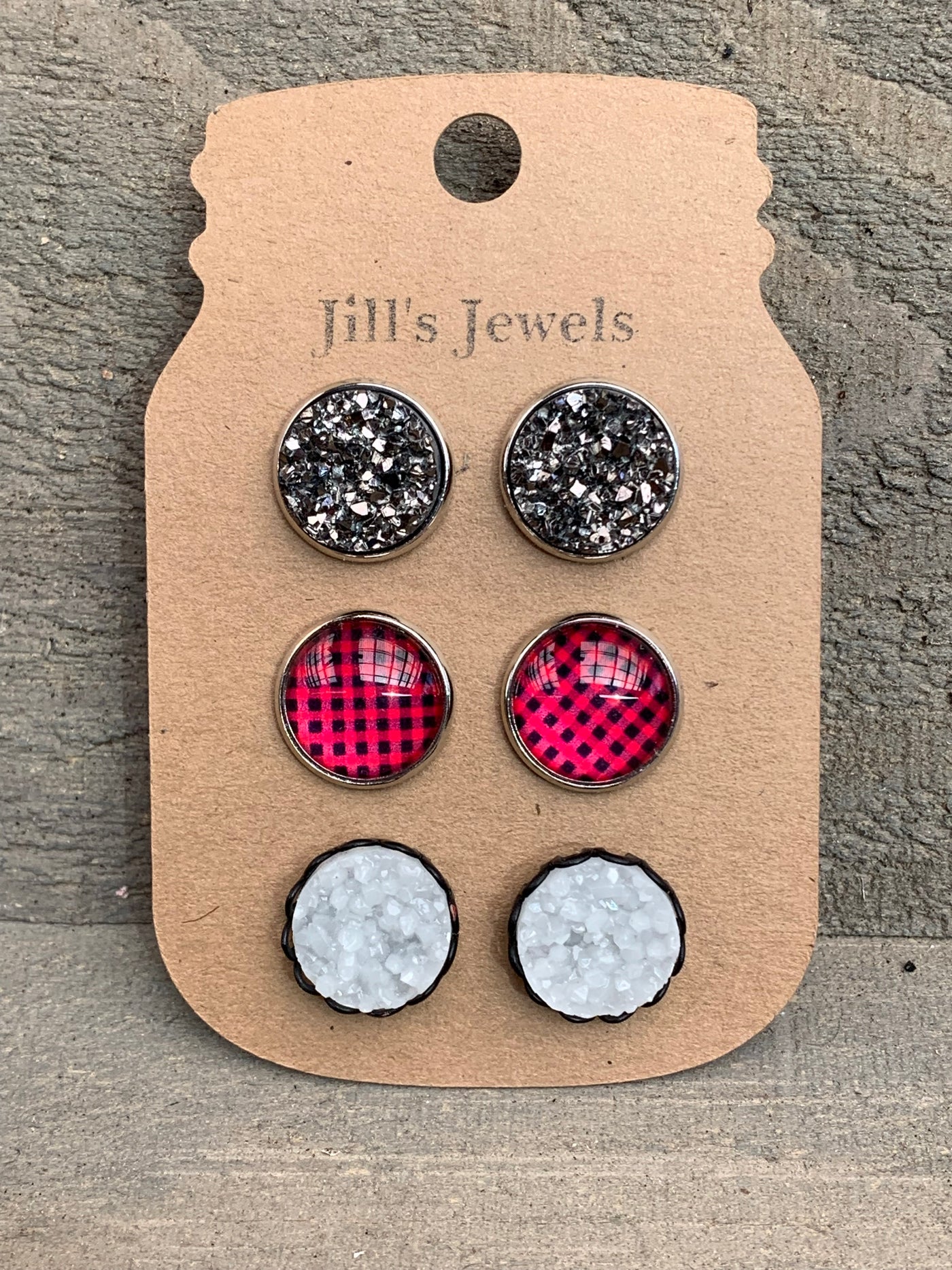 Buffalo Plaid Silver Faux Druzy Earring 3 Set - Jill's Jewels | Unique, Handcrafted, Trendy, And Fun Jewelry