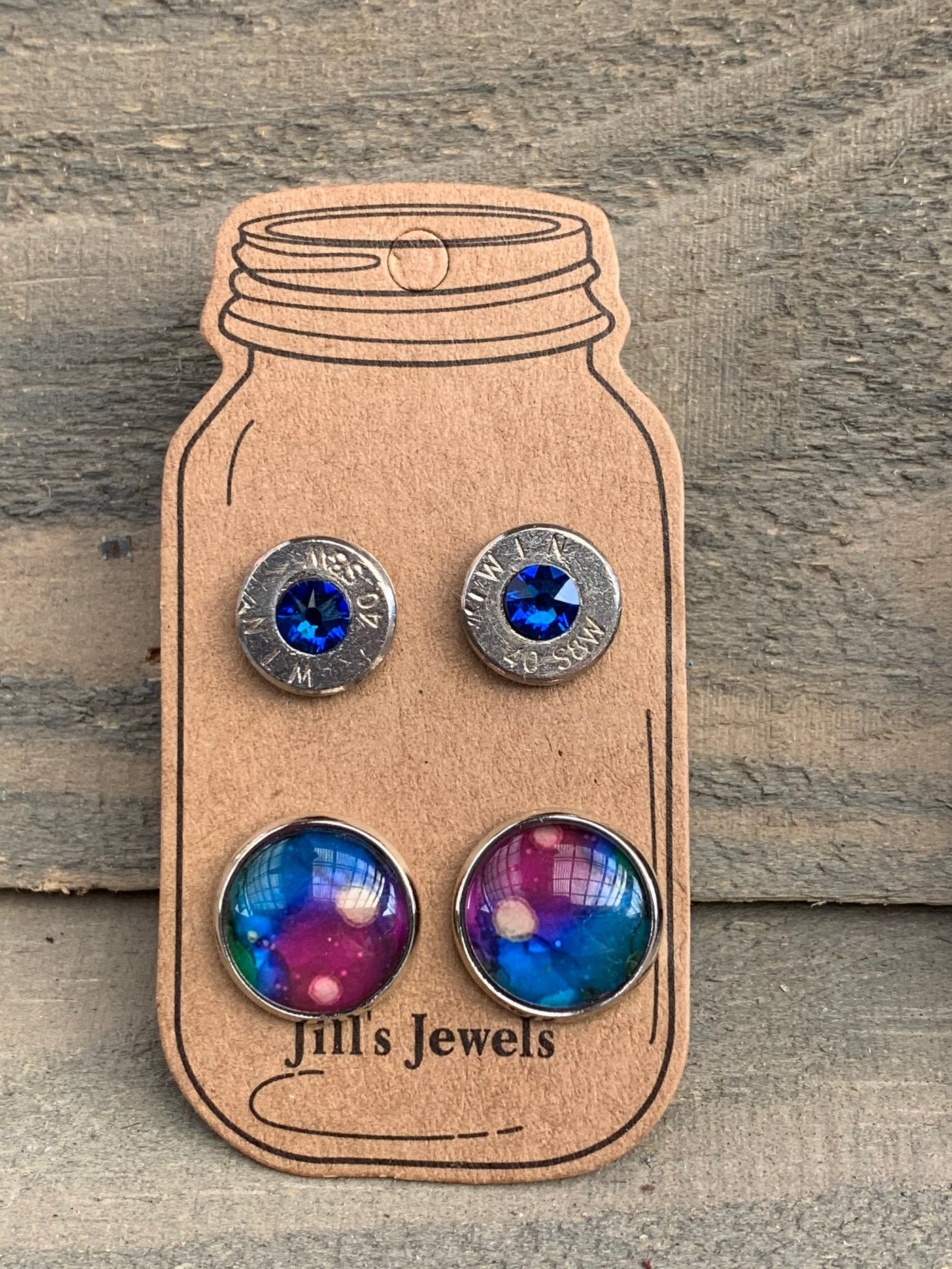 Blue Rainbow Splash 40 Caliber bullet earring set - Jill's Jewels | Unique, Handcrafted, Trendy, And Fun Jewelry