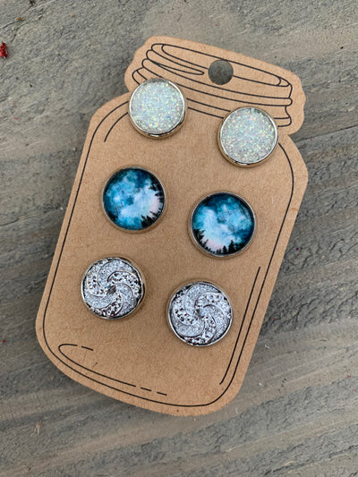 Blue and Silver Forrest Faux Druzy Earring 3 Set - Jill's Jewels | Unique, Handcrafted, Trendy, And Fun Jewelry