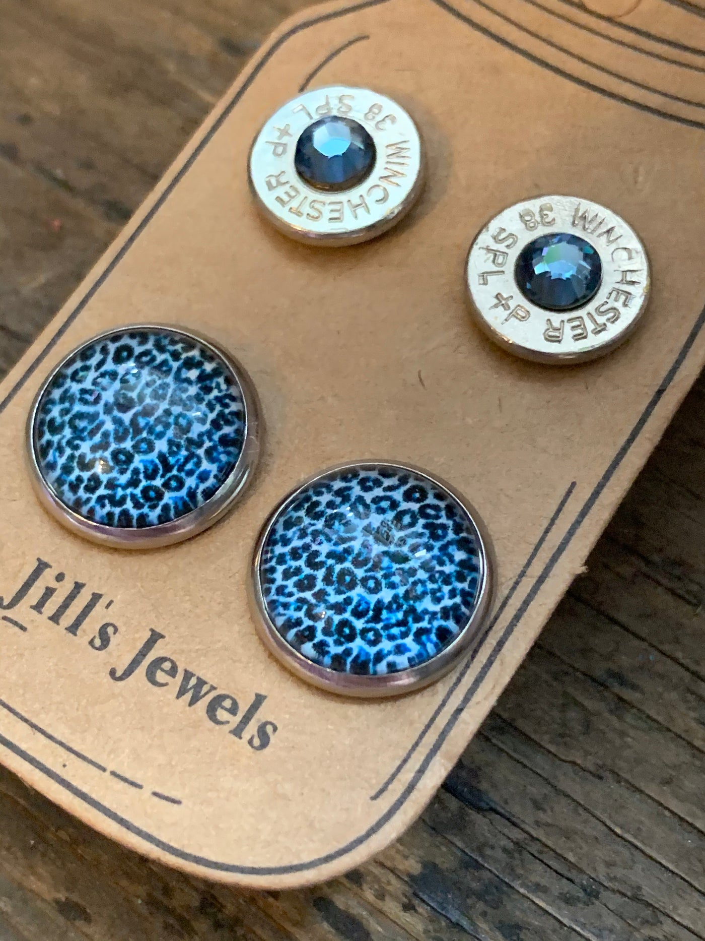 Blue Leopard Print and 38 Special bullet earring set - Jill's Jewels | Unique, Handcrafted, Trendy, And Fun Jewelry