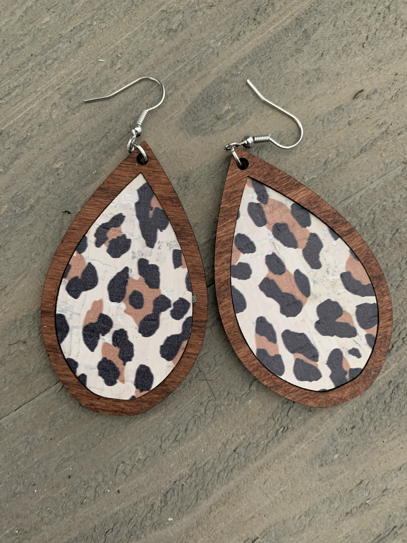 White Leopard Cork and Wood Teardrop Earrings - Jill's Jewels | Unique, Handcrafted, Trendy, And Fun Jewelry