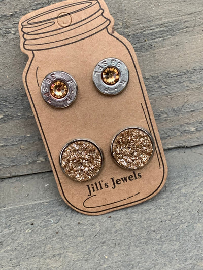 Gold Sparkle 38 Caliber bullet earring set - Jill's Jewels | Unique, Handcrafted, Trendy, And Fun Jewelry