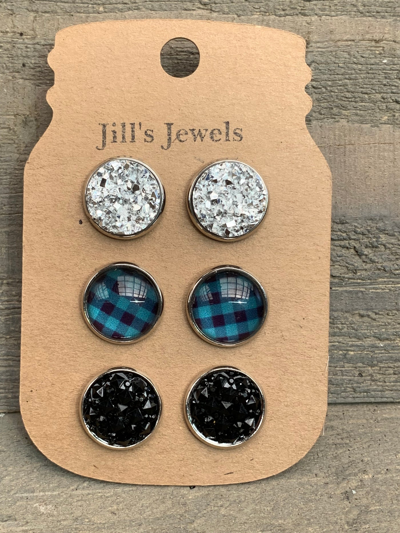 Green and Black Plaid Silver Faux Druzy Earring 3 Set - Jill's Jewels | Unique, Handcrafted, Trendy, And Fun Jewelry
