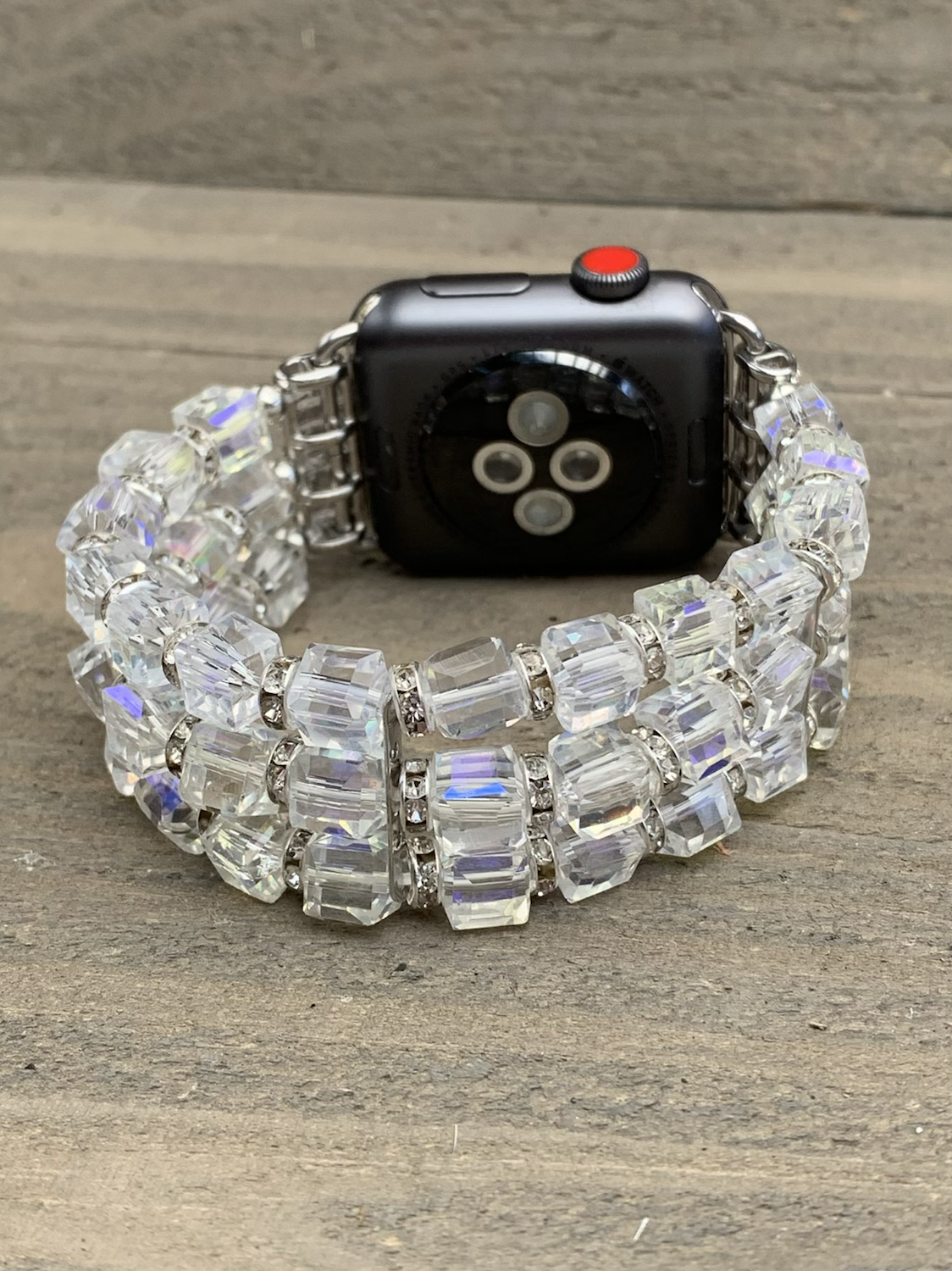 White AB Silver Rhinestone Crystal Beaded Stretch Smart Watch Band - Jill's Jewels | Unique, Handcrafted, Trendy, And Fun Jewelry