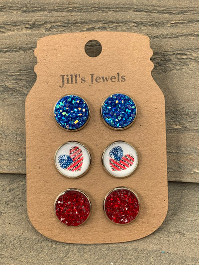 Red White and Blue Leopard USA Faux Druzy Earring 3 Set - Jill's Jewels | Unique, Handcrafted, Trendy, And Fun Jewelry