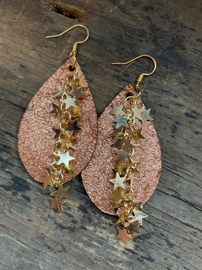 Rust Gold Sparkle Leather Earrings with Gold Star Chain - Jill's Jewels | Unique, Handcrafted, Trendy, And Fun Jewelry