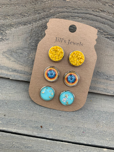 Mustard and Turquoise Mandala Faux Druzy Earring 3 Set - Jill's Jewels | Unique, Handcrafted, Trendy, And Fun Jewelry