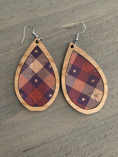 Red White and Blue Star Plaid Cork and Wood Teardrop Earrings - Jill's Jewels | Unique, Handcrafted, Trendy, And Fun Jewelry