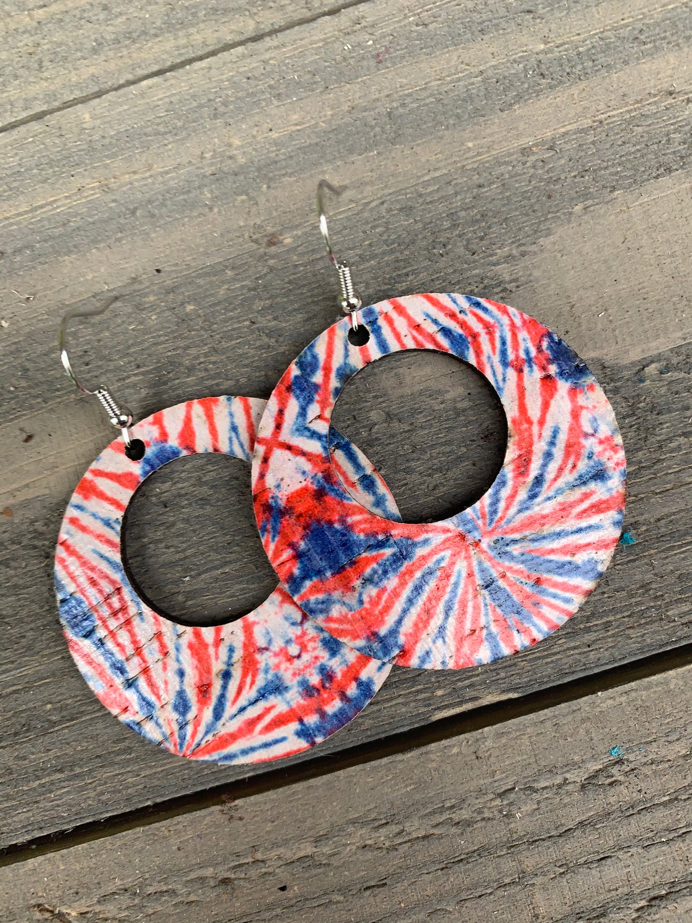 Red White and Blue Tie Dye Cork Hoop Earring - Jill's Jewels | Unique, Handcrafted, Trendy, And Fun Jewelry