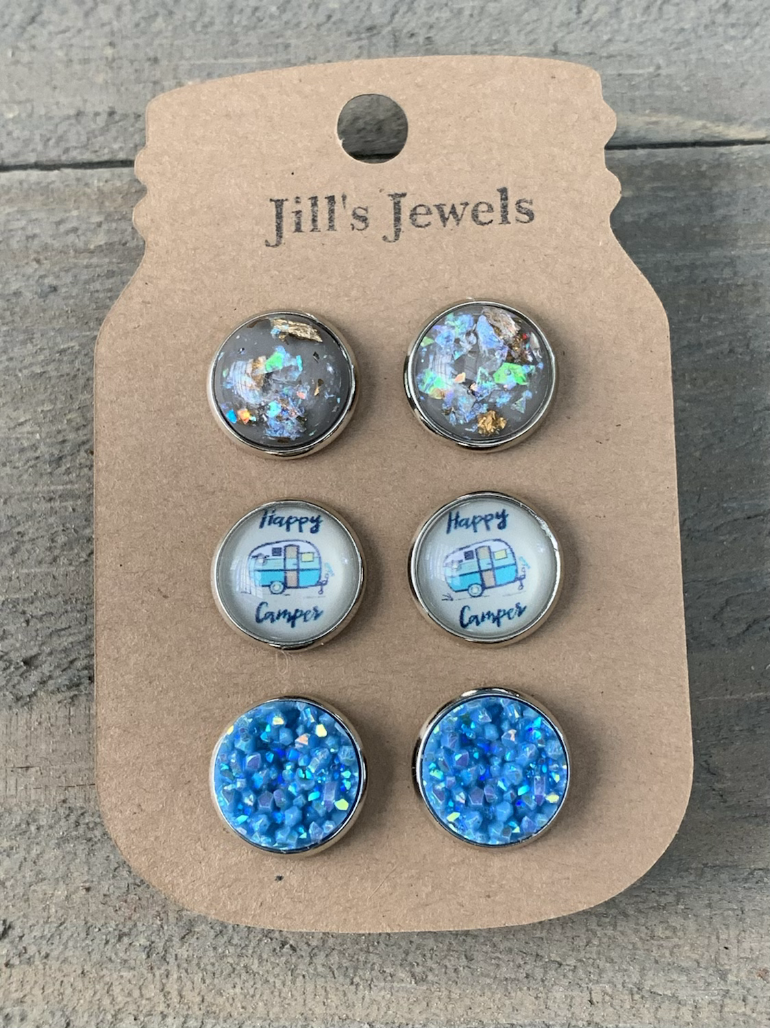 Grey and Blue Happy Camper Faux Druzy Earring 3 Set - Jill's Jewels | Unique, Handcrafted, Trendy, And Fun Jewelry