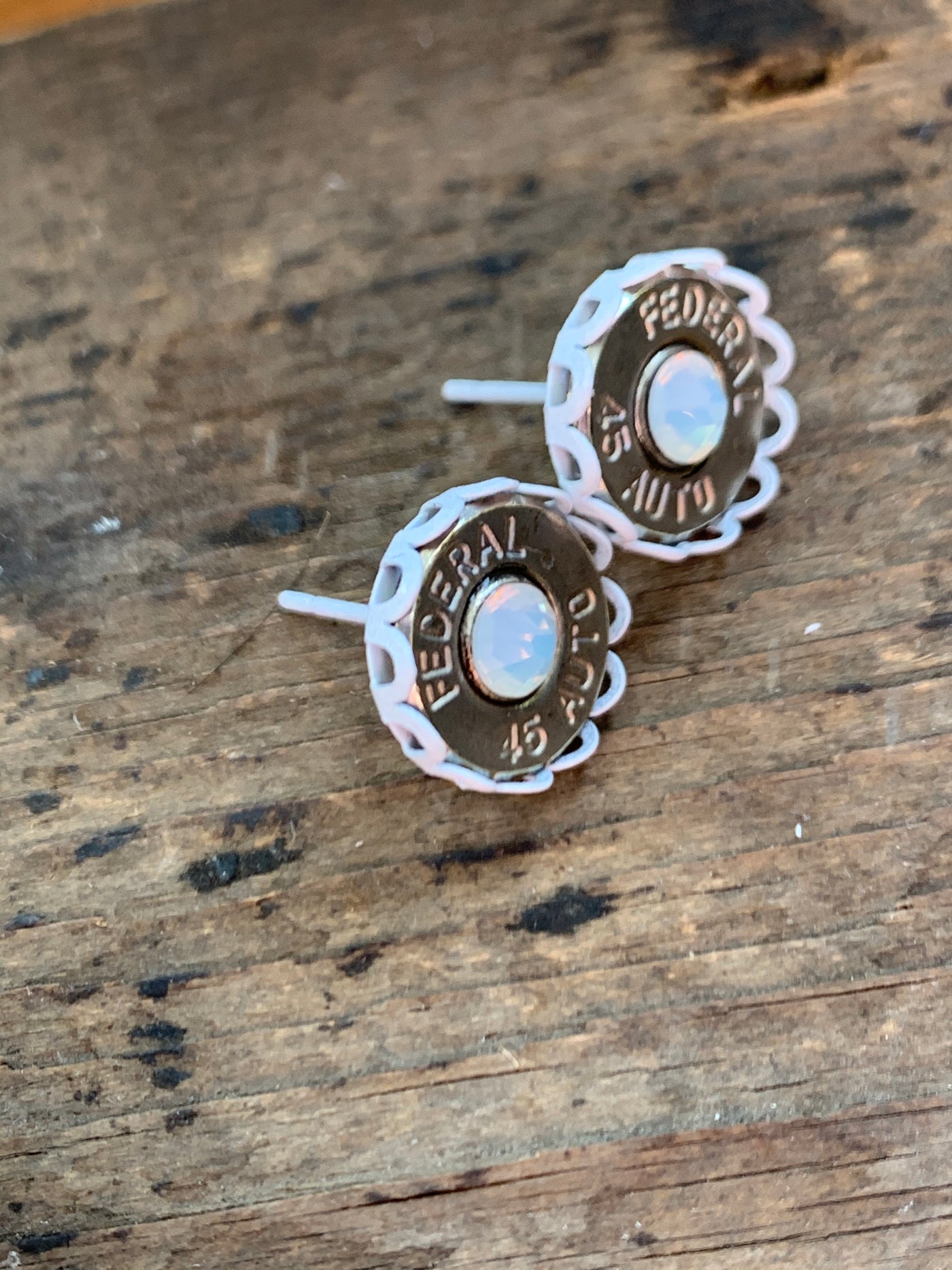45 Auto Bullet Earrings with White Setting and Opal Crystal - Jill's Jewels | Unique, Handcrafted, Trendy, And Fun Jewelry