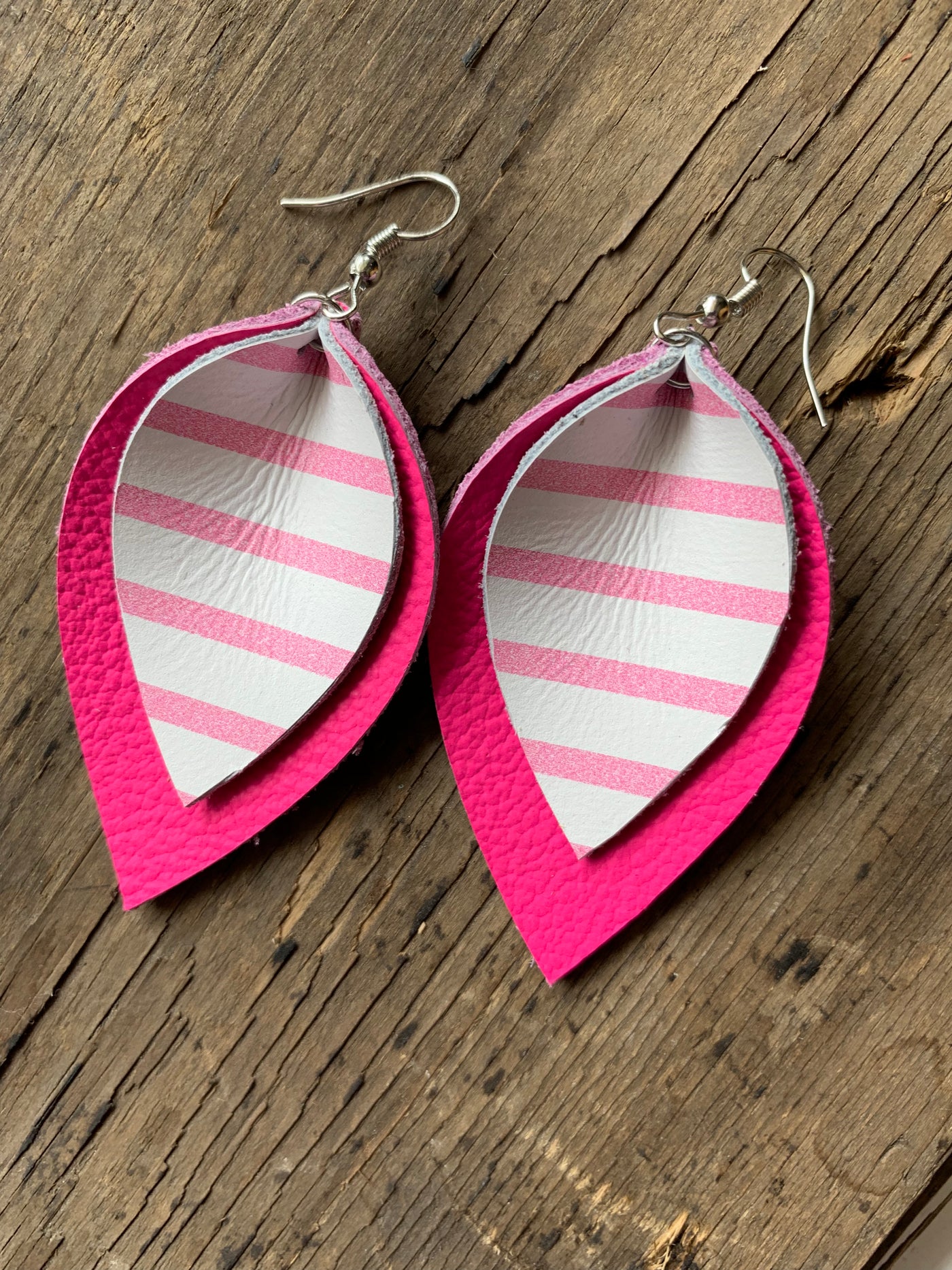 Hot Pink Leather earrings with white stripe - Jill's Jewels | Unique, Handcrafted, Trendy, And Fun Jewelry