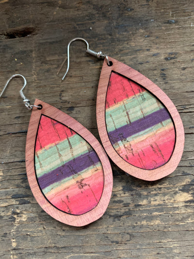 Coral Pink Purple and Green Stripe Wood Teardrop Earrings - Jill's Jewels | Unique, Handcrafted, Trendy, And Fun Jewelry