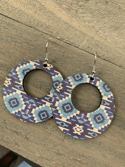 Blue and White Aztec Round Cork Leather Earring - Jill's Jewels | Unique, Handcrafted, Trendy, And Fun Jewelry