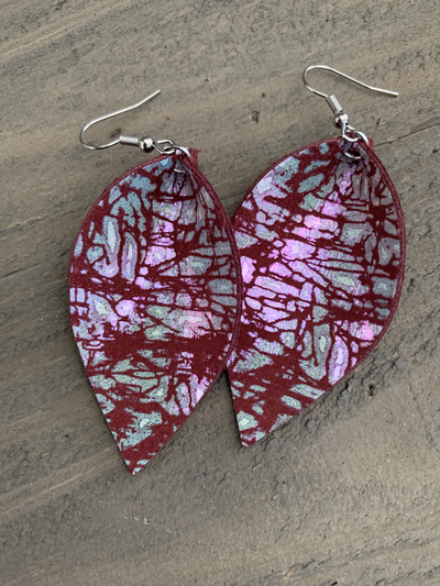 Holographic Maroon Red Leather Earrings - Jill's Jewels | Unique, Handcrafted, Trendy, And Fun Jewelry