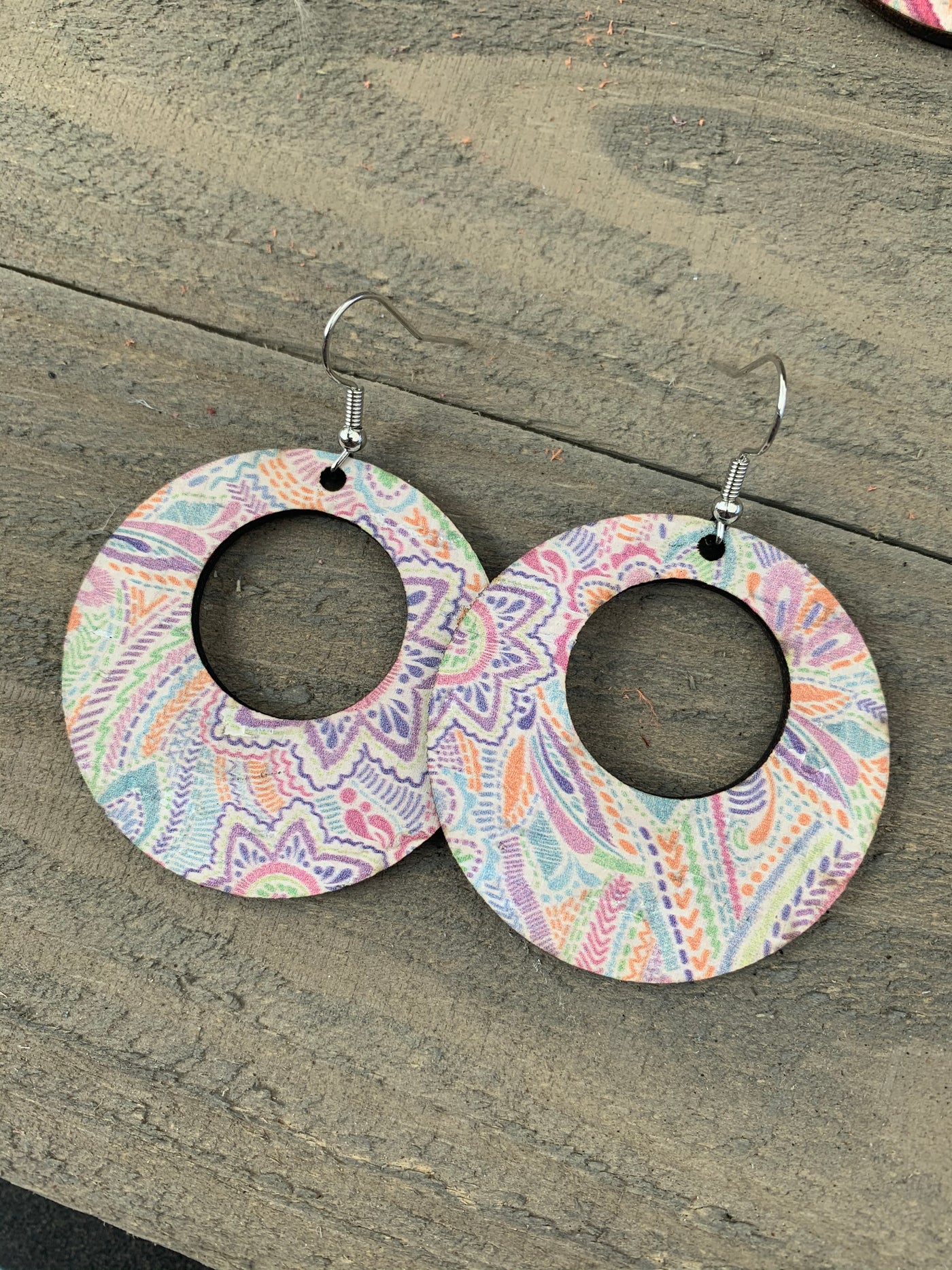 White Rainbow Flower Round Cork Leather Earring - Jill's Jewels | Unique, Handcrafted, Trendy, And Fun Jewelry