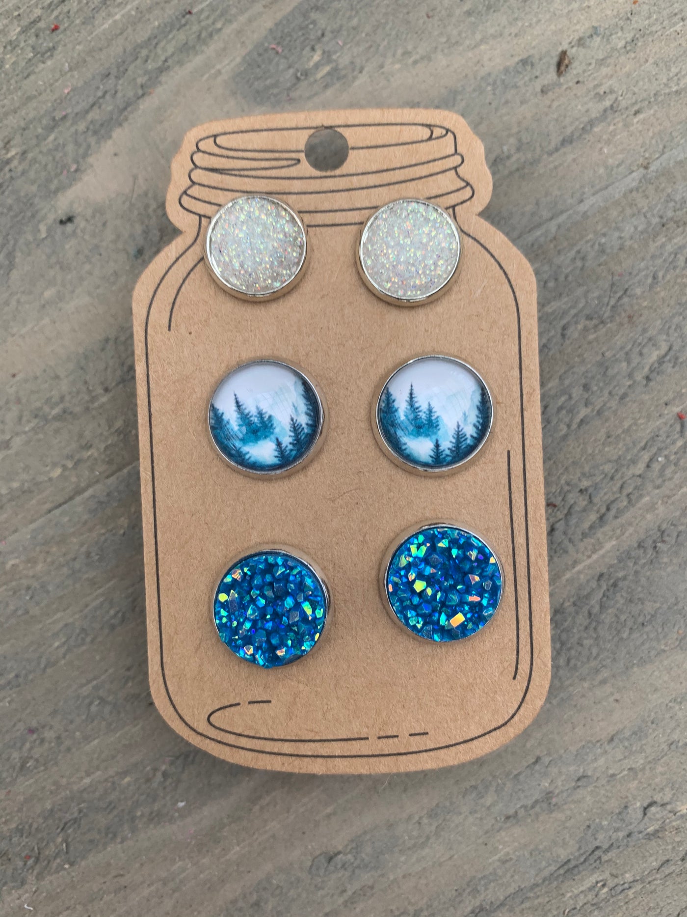 Blue and White Forrest Faux Druzy Earring 3 Set - Jill's Jewels | Unique, Handcrafted, Trendy, And Fun Jewelry