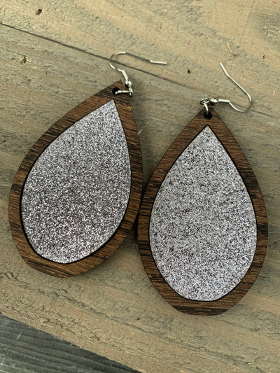 Silver Glitter and Wood Teardrop Earrings - Jill's Jewels | Unique, Handcrafted, Trendy, And Fun Jewelry