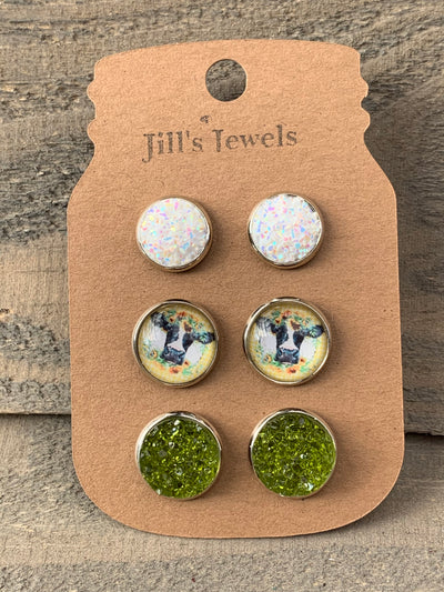 Sunflower Cow White and Green Faux Druzy Earring 3 Set - Jill's Jewels | Unique, Handcrafted, Trendy, And Fun Jewelry