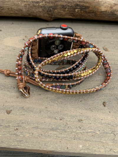 Tan Multi Colored Heart Beaded Smart Watch Wrap Bracelet - Jill's Jewels | Unique, Handcrafted, Trendy, And Fun Jewelry