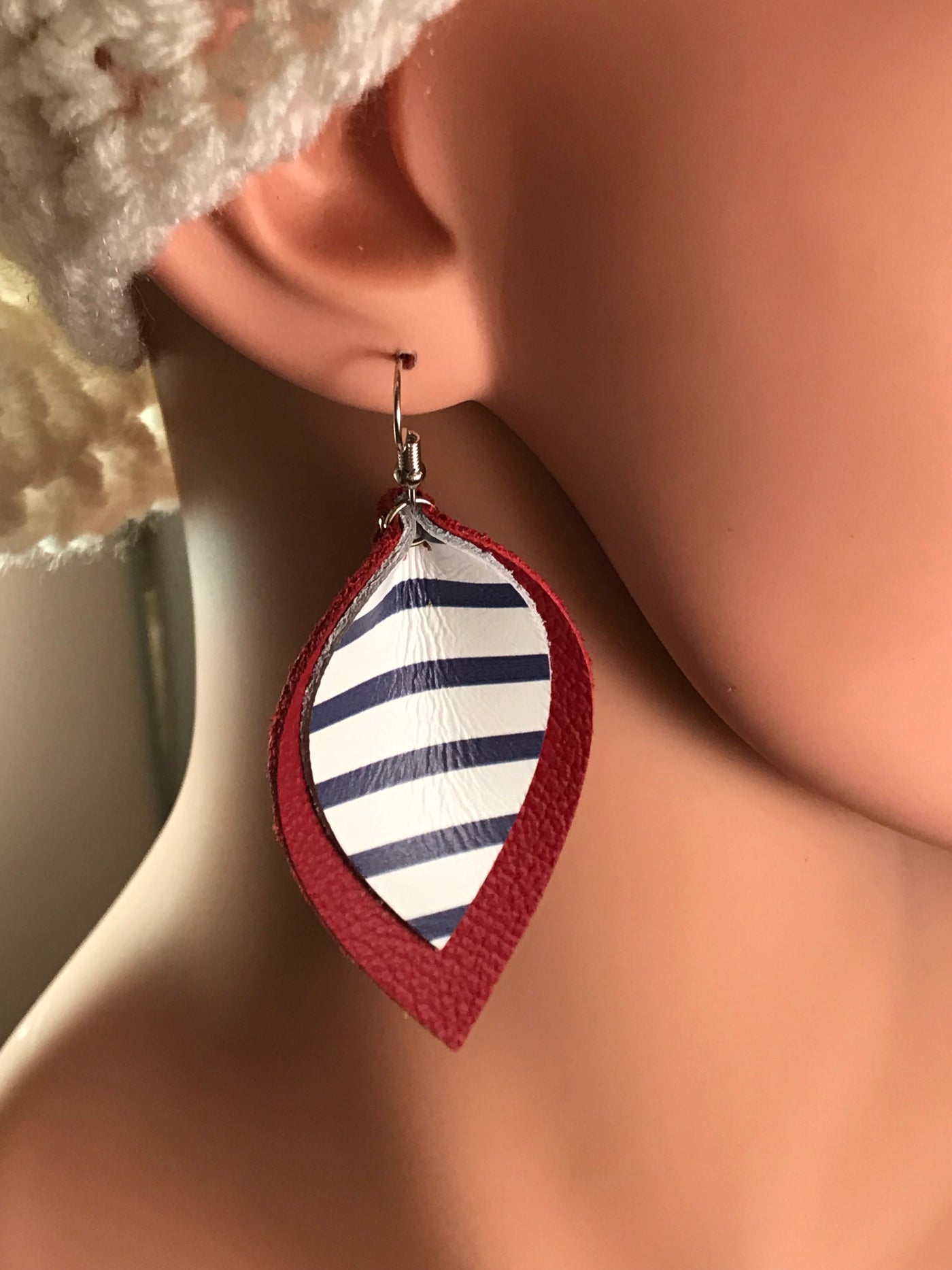 Red Leather earrings with blue and white stripes - Jill's Jewels | Unique, Handcrafted, Trendy, And Fun Jewelry