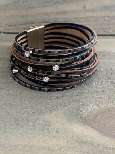 Black and Grey Tiled Leather Magnetic Bracelet - Jill's Jewels | Unique, Handcrafted, Trendy, And Fun Jewelry