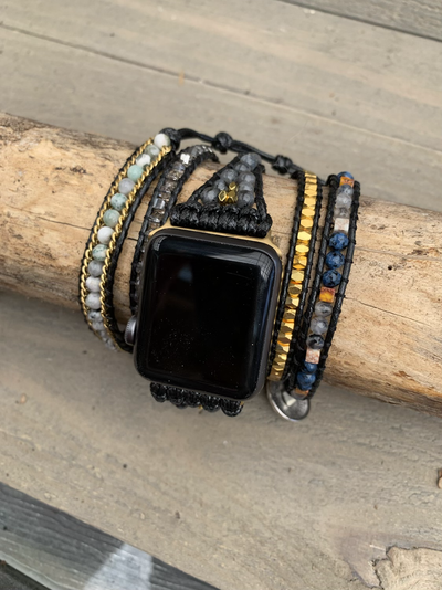 Black Gold and Blue Beaded Smart Watch Wrap Bracelet - Jill's Jewels | Unique, Handcrafted, Trendy, And Fun Jewelry