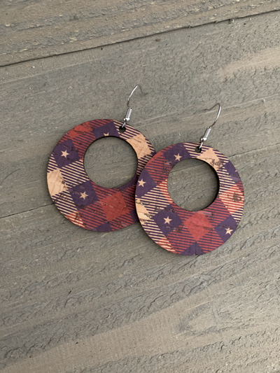 Red White and Blue Star Plaid Cork Hoop Earring - Jill's Jewels | Unique, Handcrafted, Trendy, And Fun Jewelry