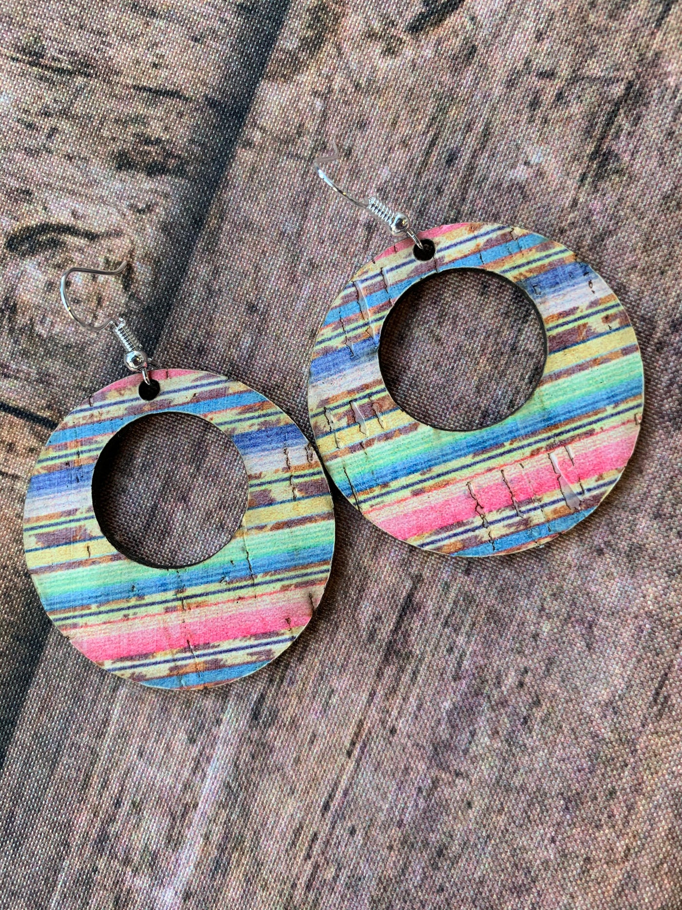 Rainbow Serape Round Cork Leather Earring - Jill's Jewels | Unique, Handcrafted, Trendy, And Fun Jewelry