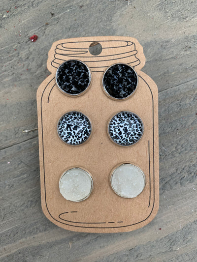 Black and White Leopard Faux Druzy Earring 3 Set - Jill's Jewels | Unique, Handcrafted, Trendy, And Fun Jewelry
