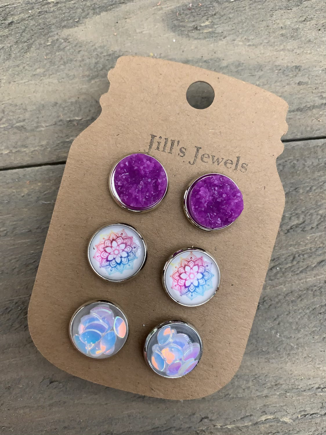Purple Rainbow Mandala Faux Druzy Earring 3 Set - Jill's Jewels | Unique, Handcrafted, Trendy, And Fun Jewelry