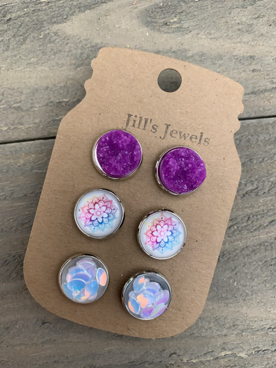 Purple Rainbow Mandala Faux Druzy Earring 3 Set - Jill's Jewels | Unique, Handcrafted, Trendy, And Fun Jewelry