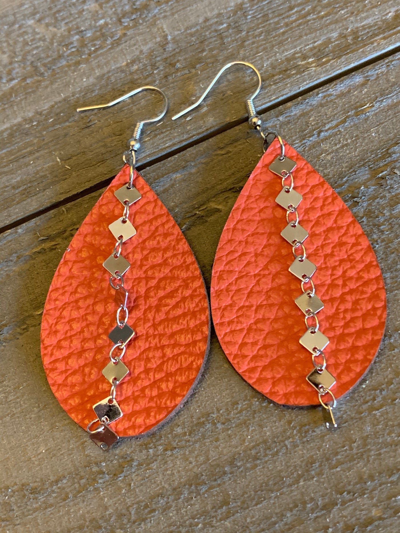 Coral Orange Leather Earrings with Silver Diamond Chain - Jill's Jewels | Unique, Handcrafted, Trendy, And Fun Jewelry