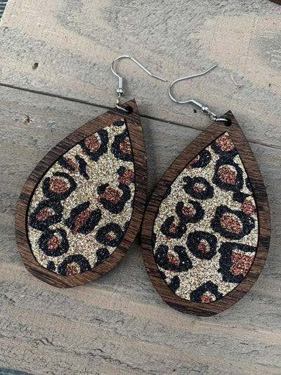 Gold Leopard Glitter and Wood Teardrop Earrings - Jill's Jewels | Unique, Handcrafted, Trendy, And Fun Jewelry