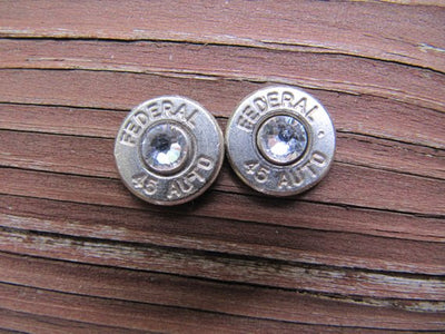 Bullet Earrings-45 Auto Silver Crystal - Jill's Jewels | Unique, Handcrafted, Trendy, And Fun Jewelry