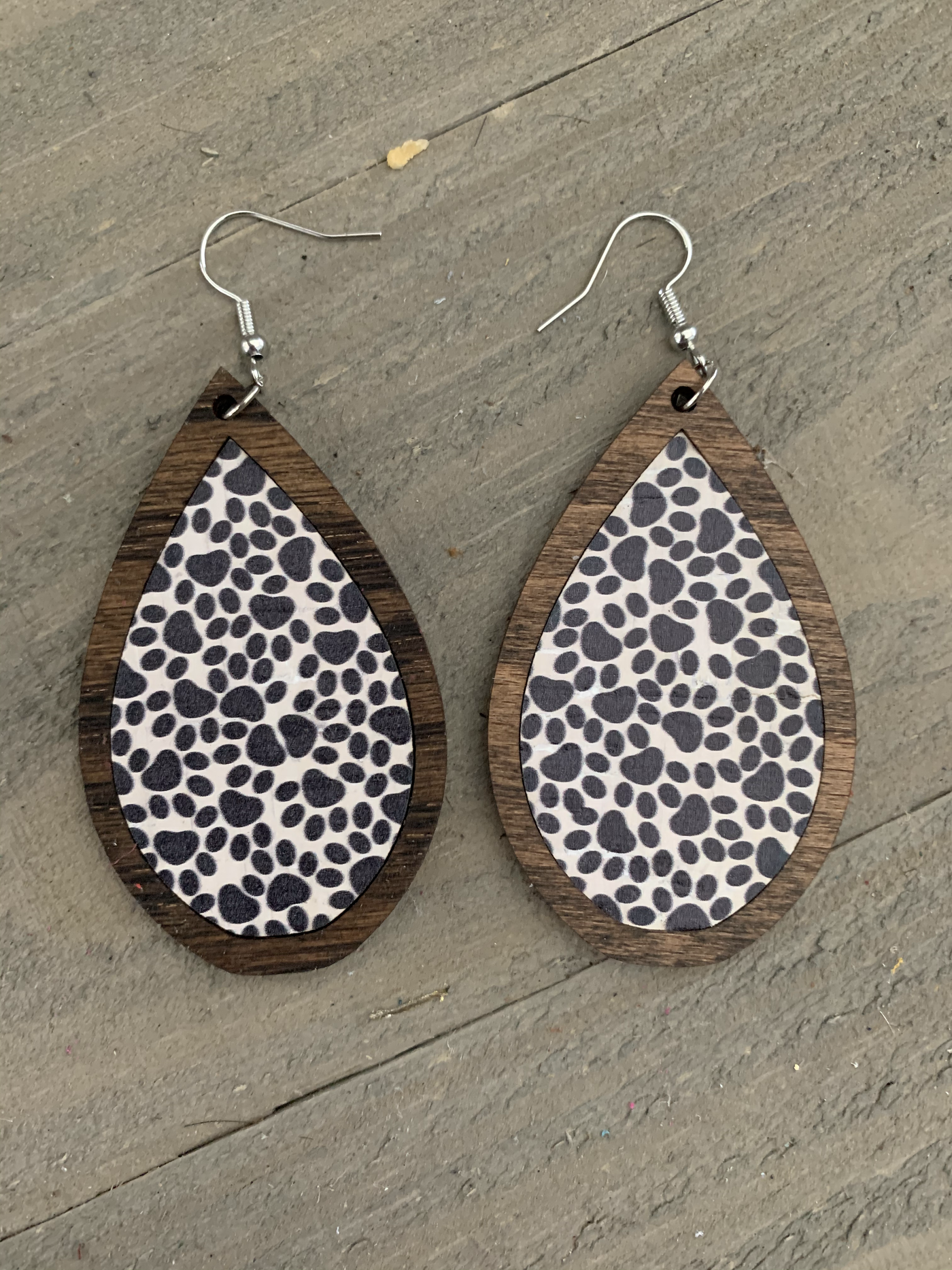 Black and White Paw Print Cork and Wood Teardrop Earrings - Jill's Jewels | Unique, Handcrafted, Trendy, And Fun Jewelry