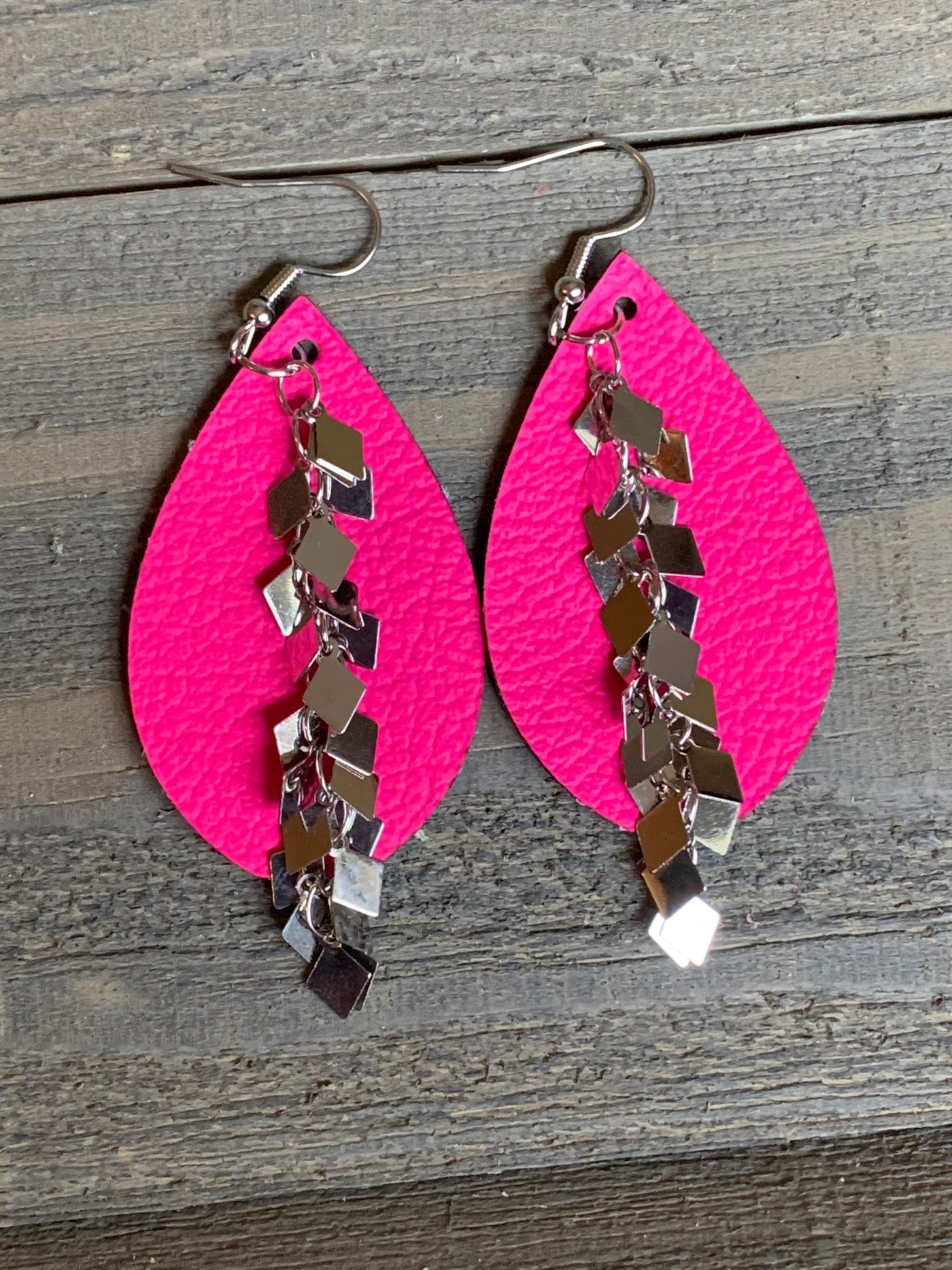 Neon Pink Leather Earrings with Silver Diamond Chain - Jill's Jewels | Unique, Handcrafted, Trendy, And Fun Jewelry