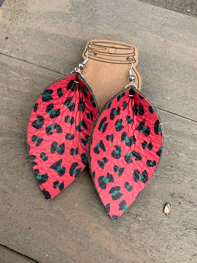 Red and Green Leopard Print Leather Earrings - Jill's Jewels | Unique, Handcrafted, Trendy, And Fun Jewelry
